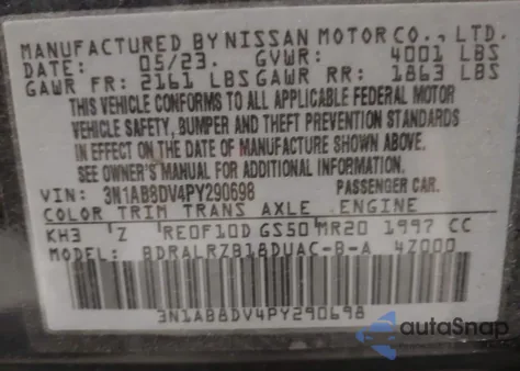 2023 Nissan Sentra Sr Xtronic Cvt z USA, uszkodzony, nr VIN 3N1AB8DV4PY290698